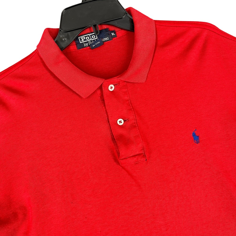 Polo Ralph Lauren Pique Polo Shirt Red Blue Pony Logo Made In USA XL Mens